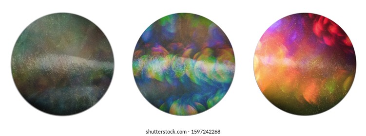 real macro photo of three cool foil or vinyl sticker with bokeh light texture isolated with small drop shadow. blank stickies on white background.