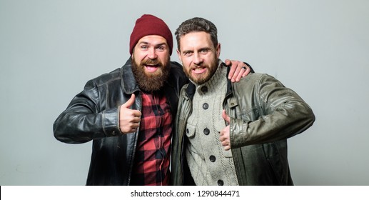 Real Men And Brotherhood. Friends Glad See Each Other. Friendly Relations. Friendship Of Brutal Guys. Real Friendship Mature Friends. Male Friendship Concept. Brutal Bearded Men Wear Leather Jackets.