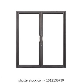 Real Modern Black Store Front Double Glass Door Window Frame Isolated On White Background