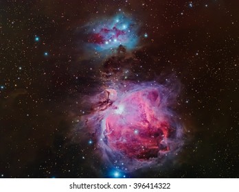 Real nebulae in the constellation Orion called Orion nebula and Running Man nebula taken with CCD camera and wide field telescope
