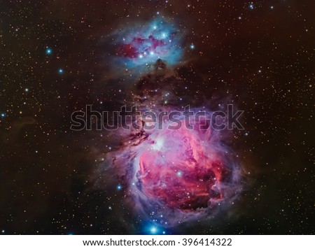 Real nebulae in the constellation Orion called Orion nebula and Running Man nebula taken with CCD camera and wide field telescope