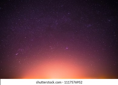 Real Night Sky Stars Background With Natural Colourful Gradient. Sunset, Sunrise Light And Starry Sky.