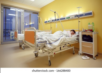 Real People In Real Situation, Sad Middle-aged Woman Lying In Hospital With Pneumonia