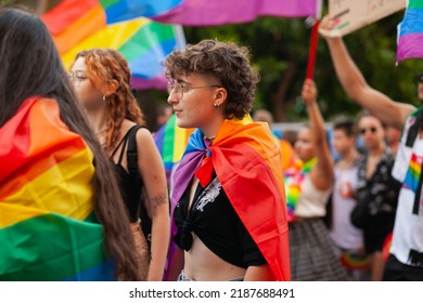 Real People Walking Rainbow Flags Pride Stock Photo 2187688491 ...