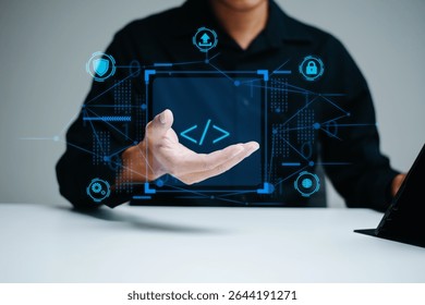 Real person presenting a floating code symbol in a virtual tech interface. Modern concept of coding, cybersecurity, software development, and digital innovation.

