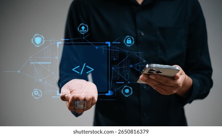 Real person presenting a floating code symbol in a virtual tech interface. Modern concept of coding, cybersecurity, software development	