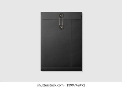 Real Photo, Black Paper A4/C4 Size String And Washer Envelope Mockup Template, Isolated On Light Grey Background. High Resolution.