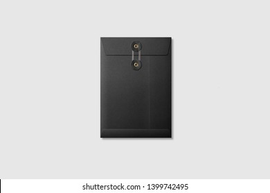 Real Photo, Black Paper A5/C5 Size String And Washer Envelope Mockup Template, Isolated On Light Grey Background. High Resolution.