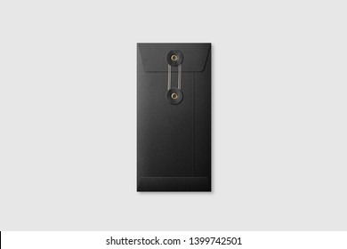 Real Photo, Black Paper DL Size String And Washer Envelope Mockup Template, Isolated On Light Grey Background. High Resolution.