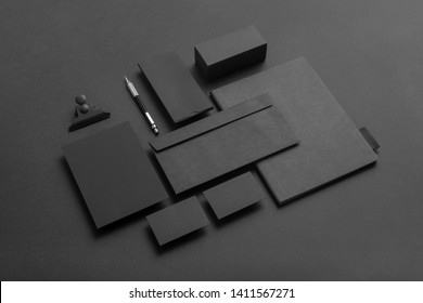 Real Photo, Black Stationery Branding Mockup Template, On Black Background To Place Your Design.