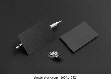 Real Photo, Black Stationery Business Cards Branding Mockup Template, On Black Background To Place Your Design.