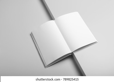 Real Photo, Blank Book, Brochure, Booklet Mockup Template, Hard Cover, Isolated On Light Grey Background To Place Your Design. 