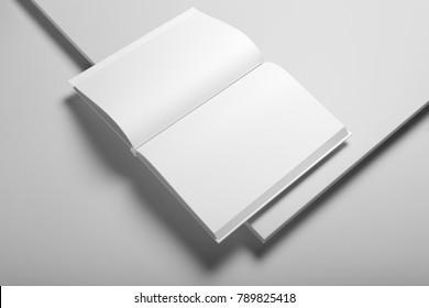 Real Photo, Blank Book, Brochure, Booklet Mockup Template, Hard Cover, Isolated On Light Grey Background To Place Your Design. 