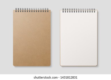 Real photo, blank spiral bound notepad mockup template with Kraft Paper cover, isolated on light grey background. High resolution. - Shutterstock ID 1431812831