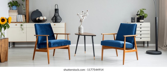 Real Photo Of Bright Living Room Interior With Two Royal Blue Armchairs, End Table With Flowers And Cupboard With Books