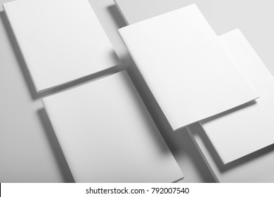 Real Photo, Brochure Mockup Template, Softcover, Collage, Stack, Isolated On Light Grey Background To Place Your Design.