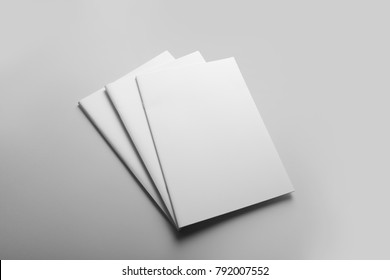 Real Photo, Brochure Mockup Template, Softcover, Collage, Stack, Isolated On Light Grey Background To Place Your Design.