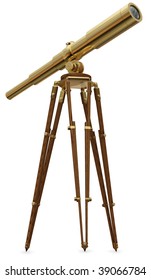 A real photo graph of a vintage brass telescope on a white background