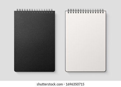 Real photo, spiral bound notepad mockup template with black paper cover, isolated on light grey background. High resolution. - Shutterstock ID 1696350715