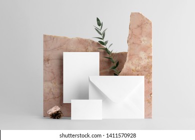 Real photo, stationery branding mockup template, isolated on light grey background, with marble and floral elements to place your design.
