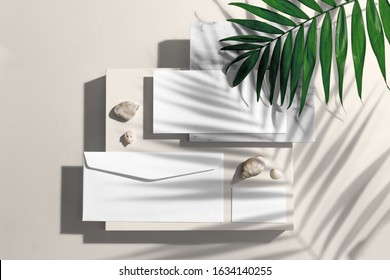 Real photo, stationery branding mockup template, isolated on light background with natural sunlit shadows, palm leaves, shells and floral elements to place your design.