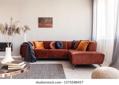 Real photo of warm color cushions on a red couch standing next to the window in cozy living room interior