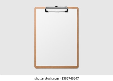 Real photo, wooden clipboard with blank a4 paper mockup template, isolated on light grey background.