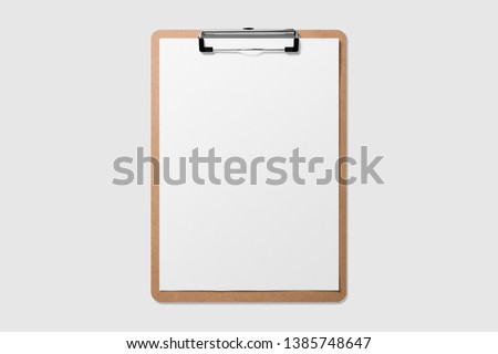 Real photo, wooden clipboard with blank a4 paper mockup template, isolated on light grey background.