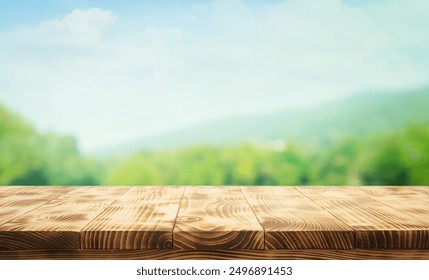 Real photographs of vintage wooden top with blur mountain, and green nature forest on blue sky background.Non generative ai - Powered by Shutterstock - Get 15% off with code: PIKWIZARD15