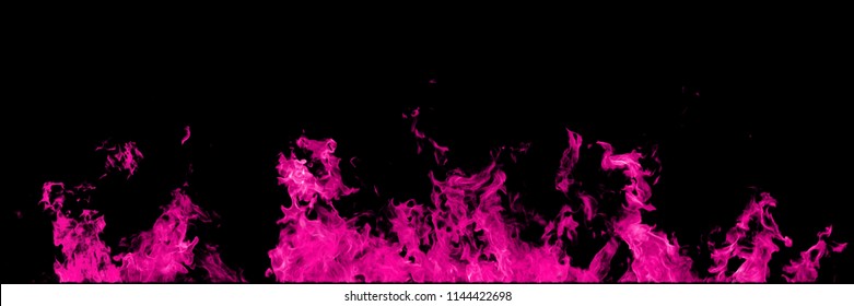 Real pink fire line flames isolated on black background. Mockup fire wall.