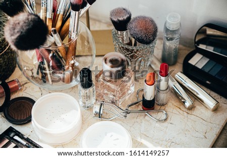 Real professional makeup tools and acessories, brushes and lipsticks