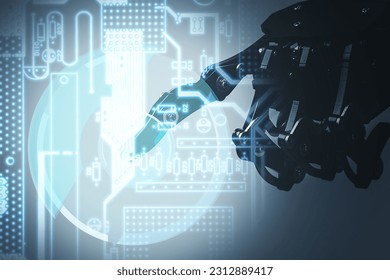 Real robot's hand and overlay of printed circuit board. Concepts of Artificial neural networks and machine learning.