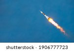 Real Rocket in Flight, Launch Rocket From the Baikonur Cosmodrome, a Flying Rocket in the Sky 