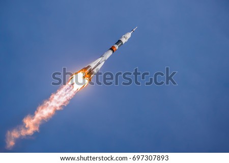 Real Rocket in Flight, Launch Rocket From the Baikonur Cosmodrome, a Flying Rocket in the Sky 