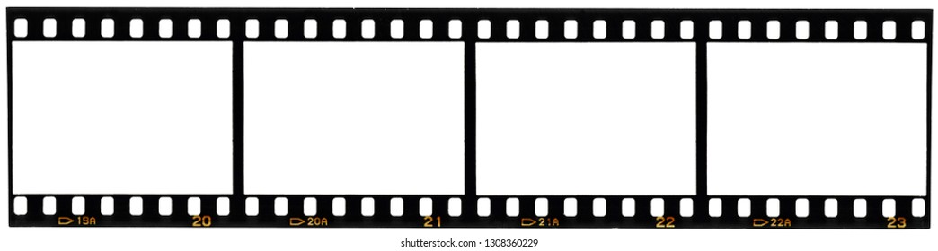 realer Scan von 35-mm-Filmstreifen oder Filmmaterial einzeln auf weißem Hintergrund, einfach in Ihren eigenen Inhalt mischen, um es alt und alt aussehen zu lassen