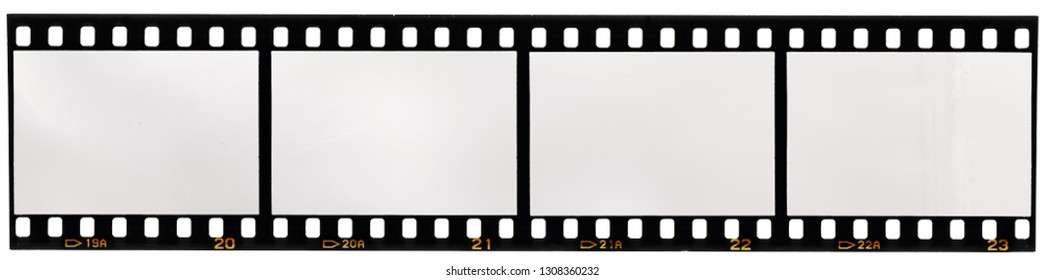 realer Scan von 35-mm-Filmstreifen oder Filmmaterial einzeln auf weißem Hintergrund, einfach in Ihren eigenen Inhalt mischen, um es alt und alt aussehen zu lassen