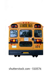 Real School Bus Rear With Kids Inside, With Flashing Yellow Lights To Reduce The Risk Of Accidents. Isolated On White.