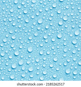 Real seamless texture condensation water droplet on light blue background. Repeating pattern fresh water drops bubble. - Shutterstock ID 2185262517