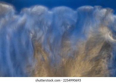 Real shot color paint drops in water. Abstract blue and gold Ink cloud collision isolated on background. Liquid marble pattern. Modern art. Abstract fluid acrylic painting. - Shutterstock ID 2254990693