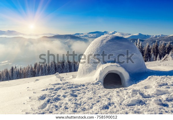 Real Snow Igloo Mountains Under Blue Stock Photo (Edit Now) 758590012