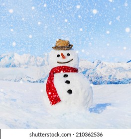 Real Snowman Outdoors In White Scenery.