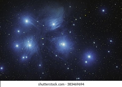 Real star cluster Pleiades in Taurus taken with CCD through telescope - Shutterstock ID 383469694