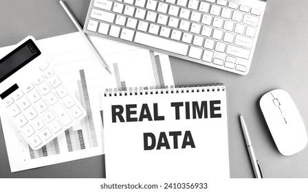 REAL TIME DATA text on a notebook with calculator , chart and keyboard business concept