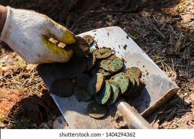 Real treasure with copper coins on a shovel. Discovery, treasure hunting, digging, metal detection concept