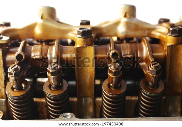real used car motor engine part isolated on\
white background
