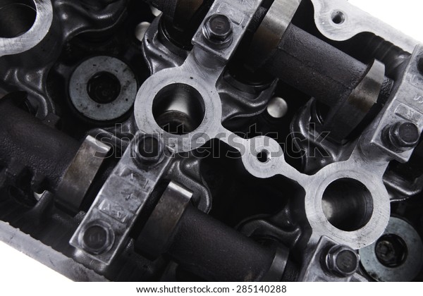real used car motor head engine four cylinder\
isolated over white\
background
