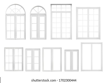 Real vintage house window frame set collection isolated on white background