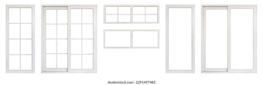 Real vintage house window frame set isolated on white background - Shutterstock ID 2291497483