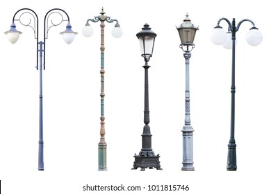 Real vintage street lamp posts and lanterns, set of five outdoor lamp posts isolated on white background