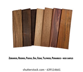 Real Wood Samples, -Pernambuco, Tulipwood, Cedar-Spanish, Oak, Padouk-African, Rosewood, Zebrawood